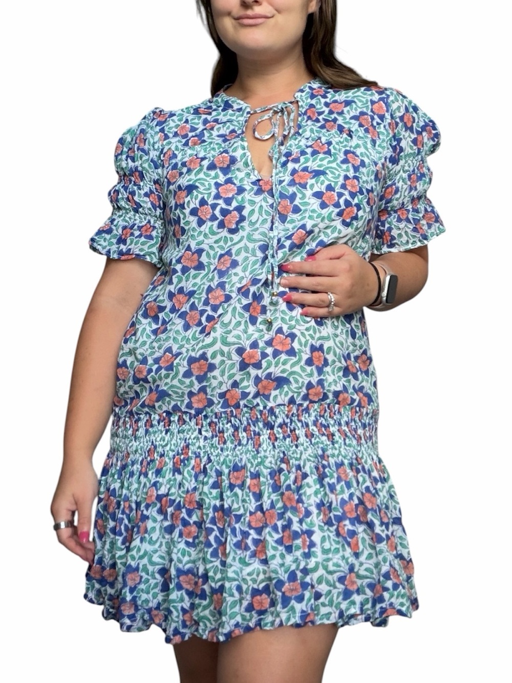 Oliphant Smocked Short Sleeve Floral Mini Dress Size XS